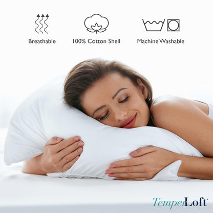 TemperLoft Serenity Pillows Queen (Set of 2), Down/Down Alternative Fill, 20x30, 100% Cotton Cover, Found in Leading Hotels Nationwide Hospitality Quality Delivered to Your Home