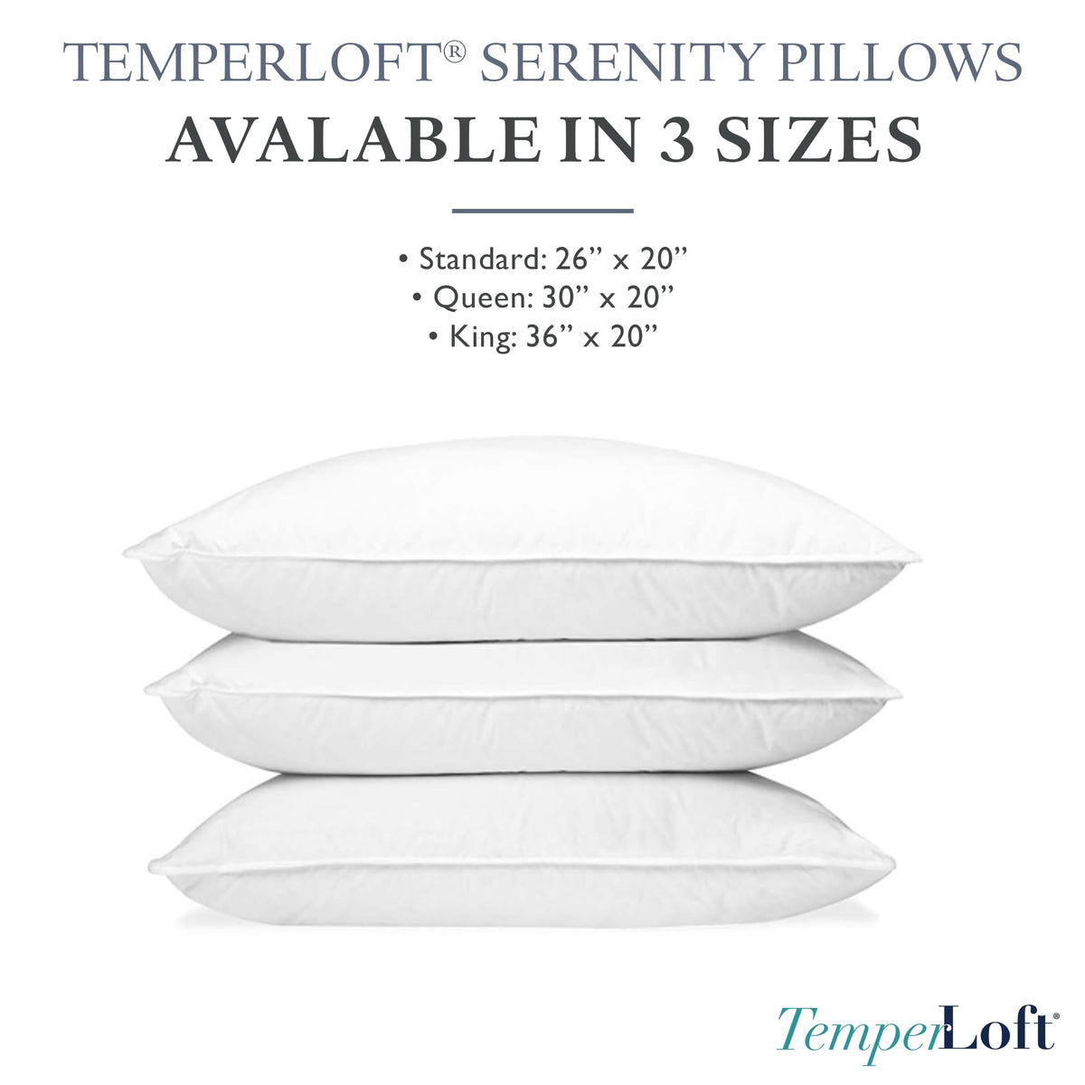 TemperLoft Serenity Pillows King (Set of 2), Down/Down Alternative Fill, 20x36, 100% Cotton Cover, Found in Leading Hotels Nationwide Hospitality Quality Delivered to Your Home
