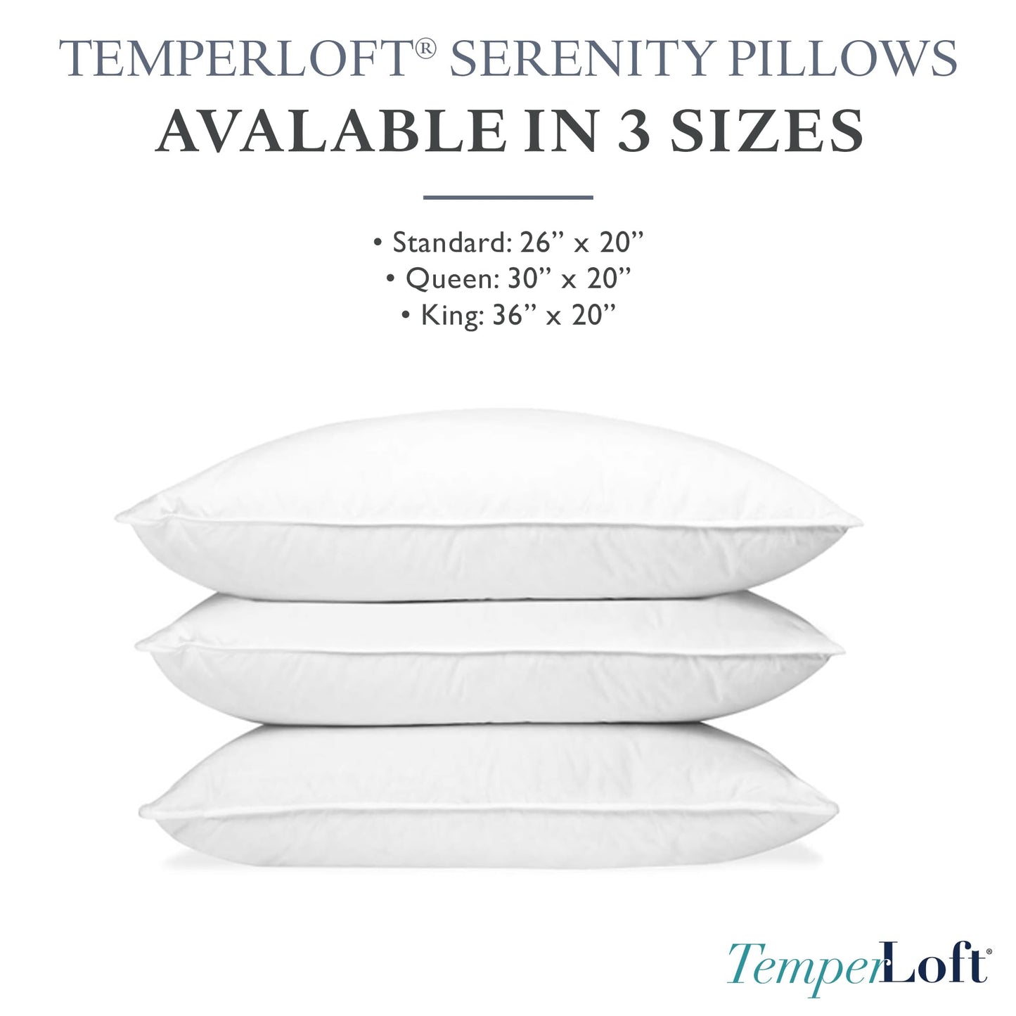 TemperLoft Serenity Pillows King (Set of 2), Down/Down Alternative Fill, 20x36, 100% Cotton Cover, Found in Leading Hotels Nationwide Hospitality Quality Delivered to Your Home