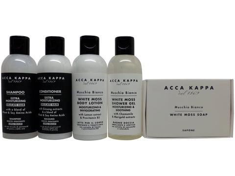 Acca Kappa White Moss Travel Set Shampoo, Conditioner, Lotion, Shower Gel, & Soap