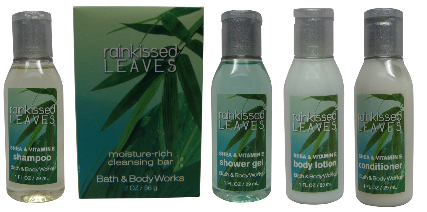 Bath Body Works Rainkissed Leaves Travel Set 1 Shampoo, 1 Conditioner, 1 Lotion, 1 Gel, and 1 Soap